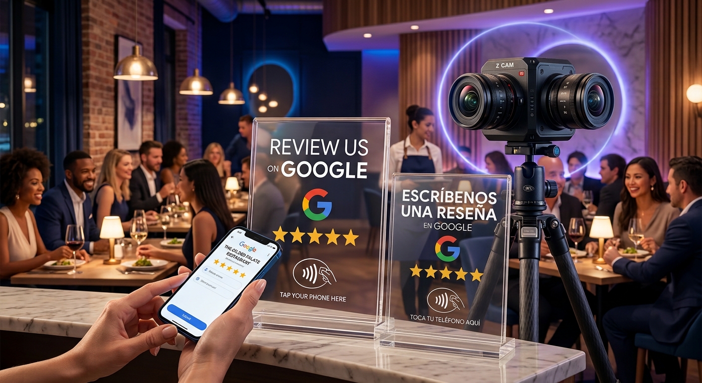 Tap-to-review Google stands displayed on a restaurant counter
